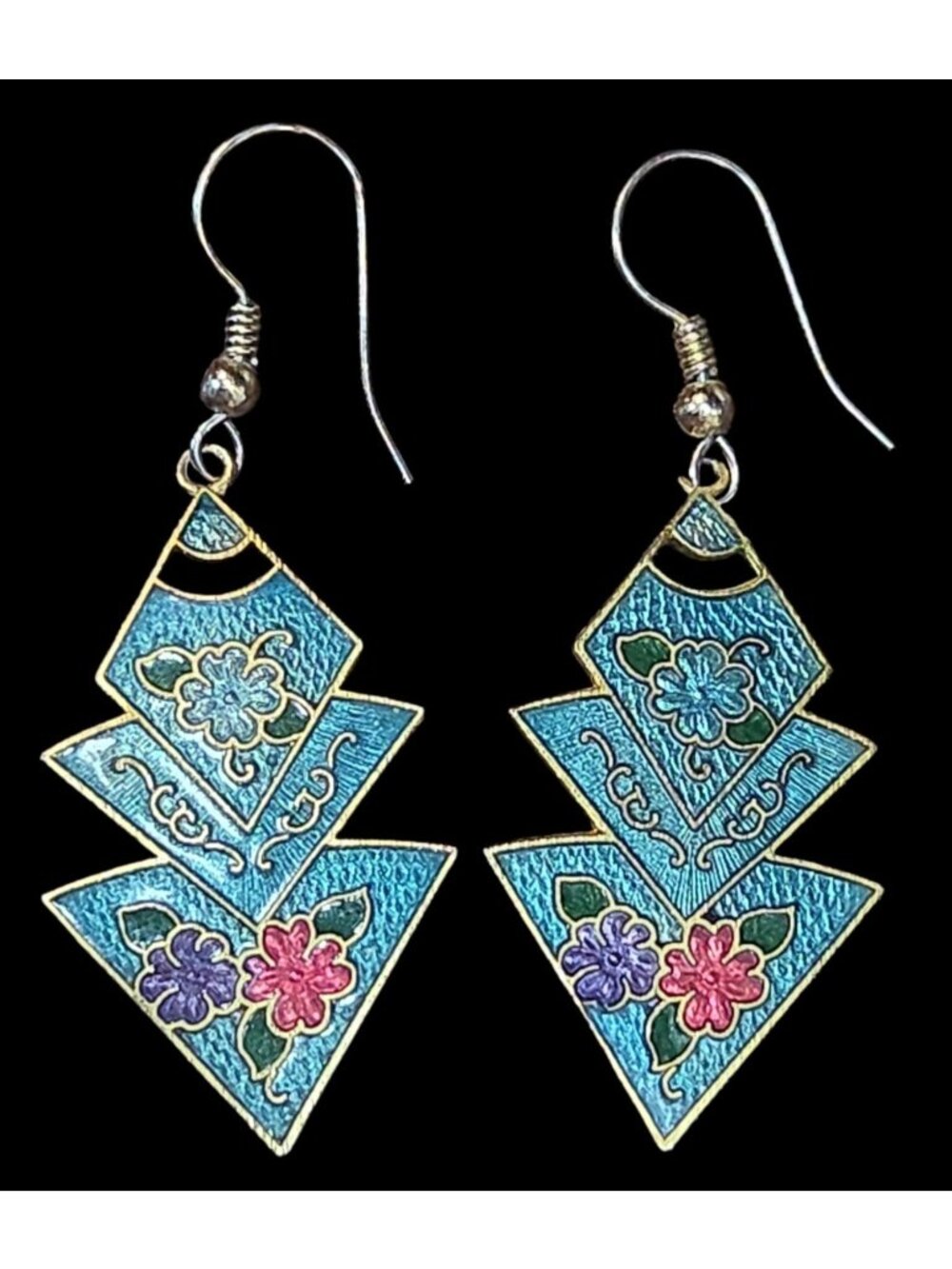 Vtg Zig-Zag Pyramid Floral Cloisonné Dangling Earrings 1980's Teal & Gold Tone - Picture 11 of 12